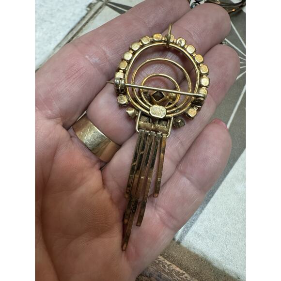 1960s M&S Rhinestone Jewelry Set Brooch Pendant Bracelet Earrings Gold Aqua - Picture 9 of 13